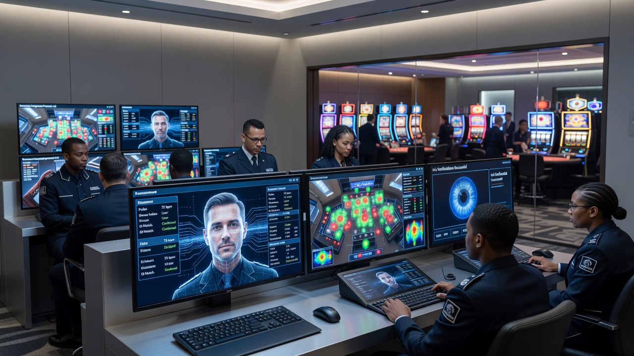 Casino security control room with biometric monitoring displays showing facial recognition overlays and access logs