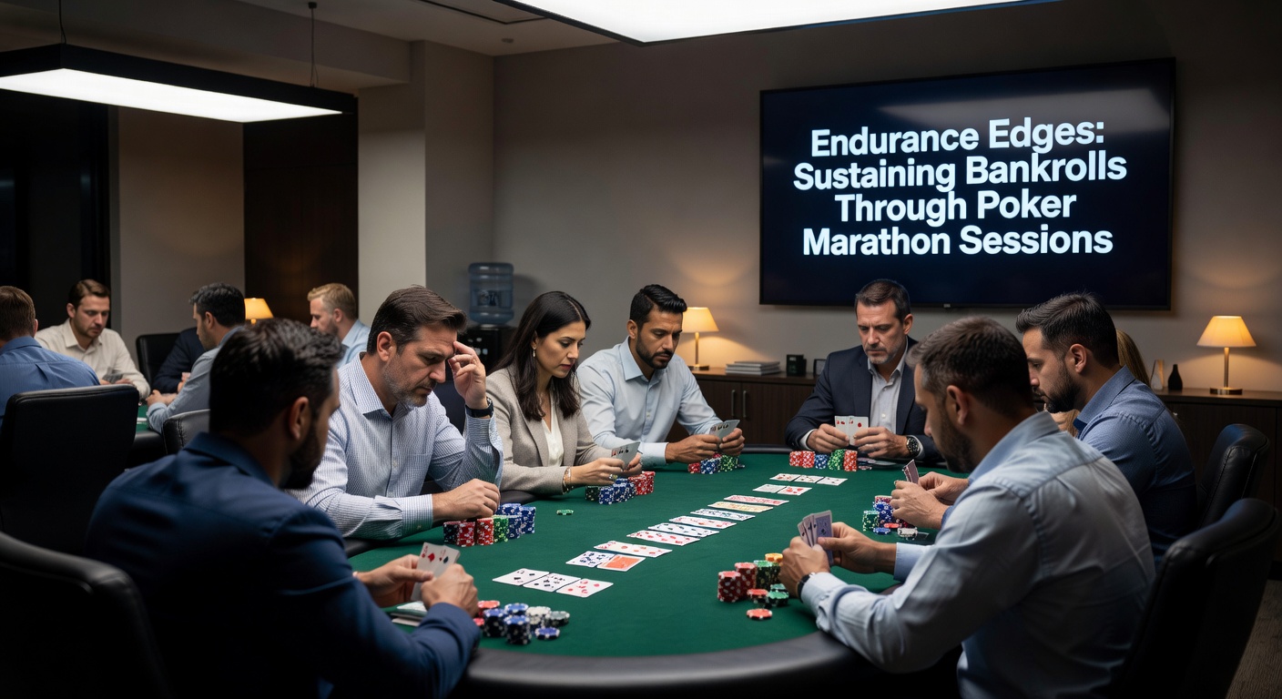Poker players deep in concentration during a multi-day tournament session, stacks of chips piled high amid dim casino lighting
