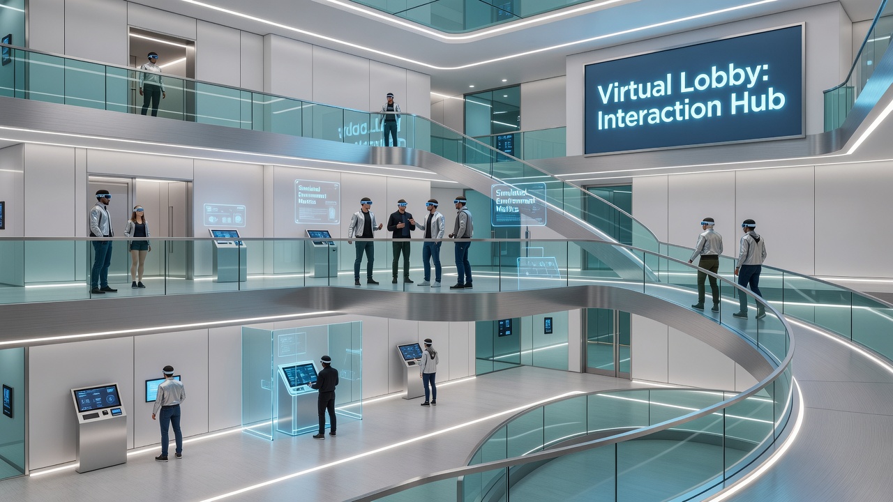 Close-up view of virtual seating clusters and lighting in a simulated casino lobby
