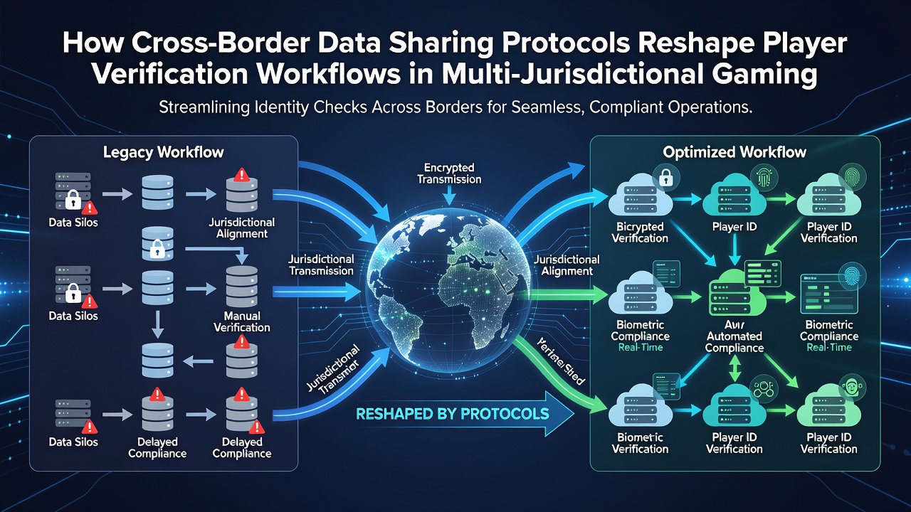 Diagram of secure data exchange between gaming platforms in different countries with verification checkpoints