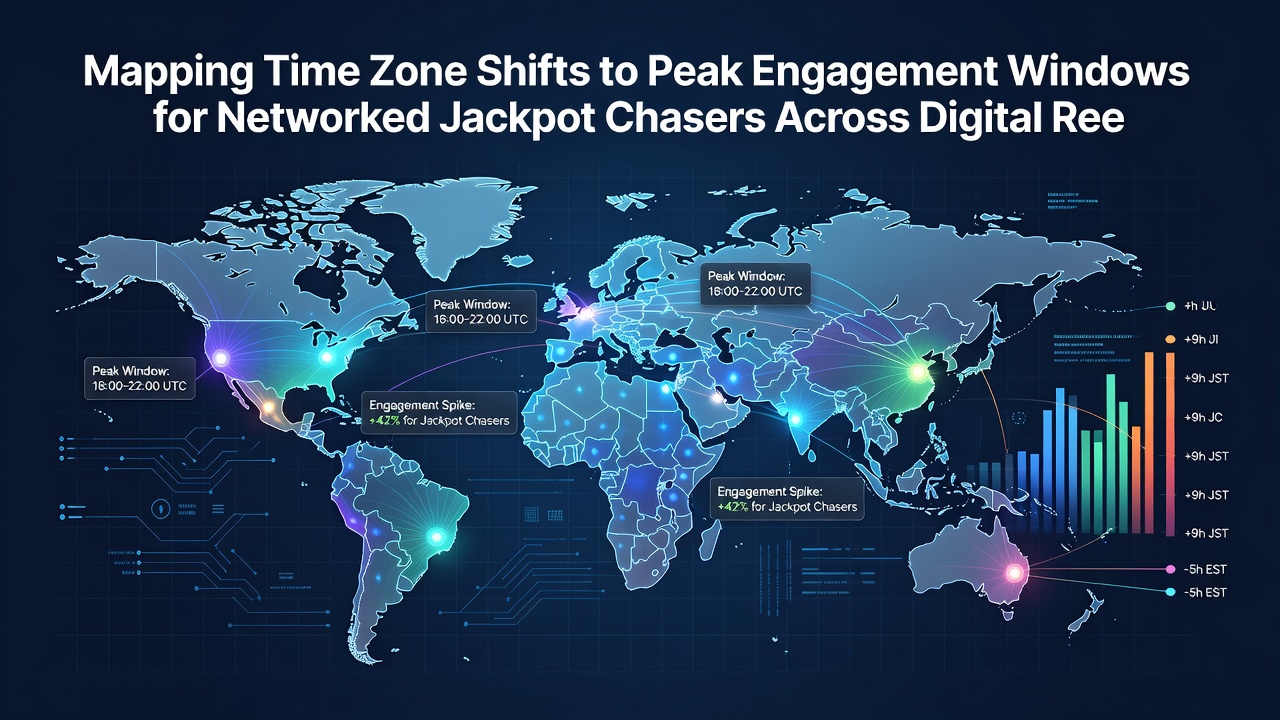 Dashboard screenshot showing time zone overlays and engagement metrics for networked jackpots