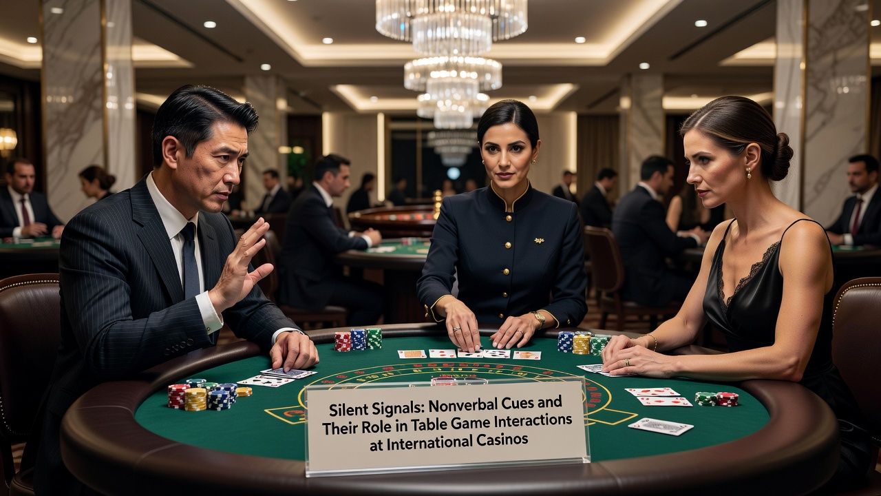 Diverse group of players at a baccarat table in an Asian casino showing varied nonverbal interactions and dealer gestures