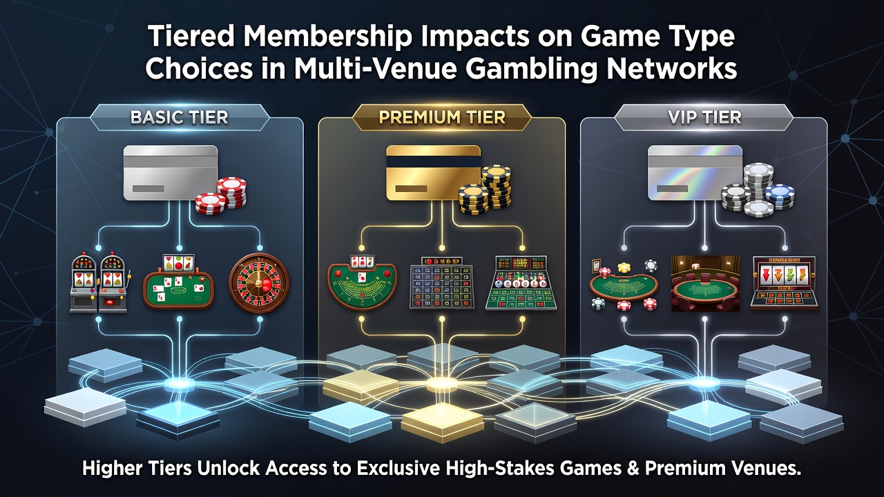 Illustration of tiered loyalty levels across connected casino properties with game selection indicators