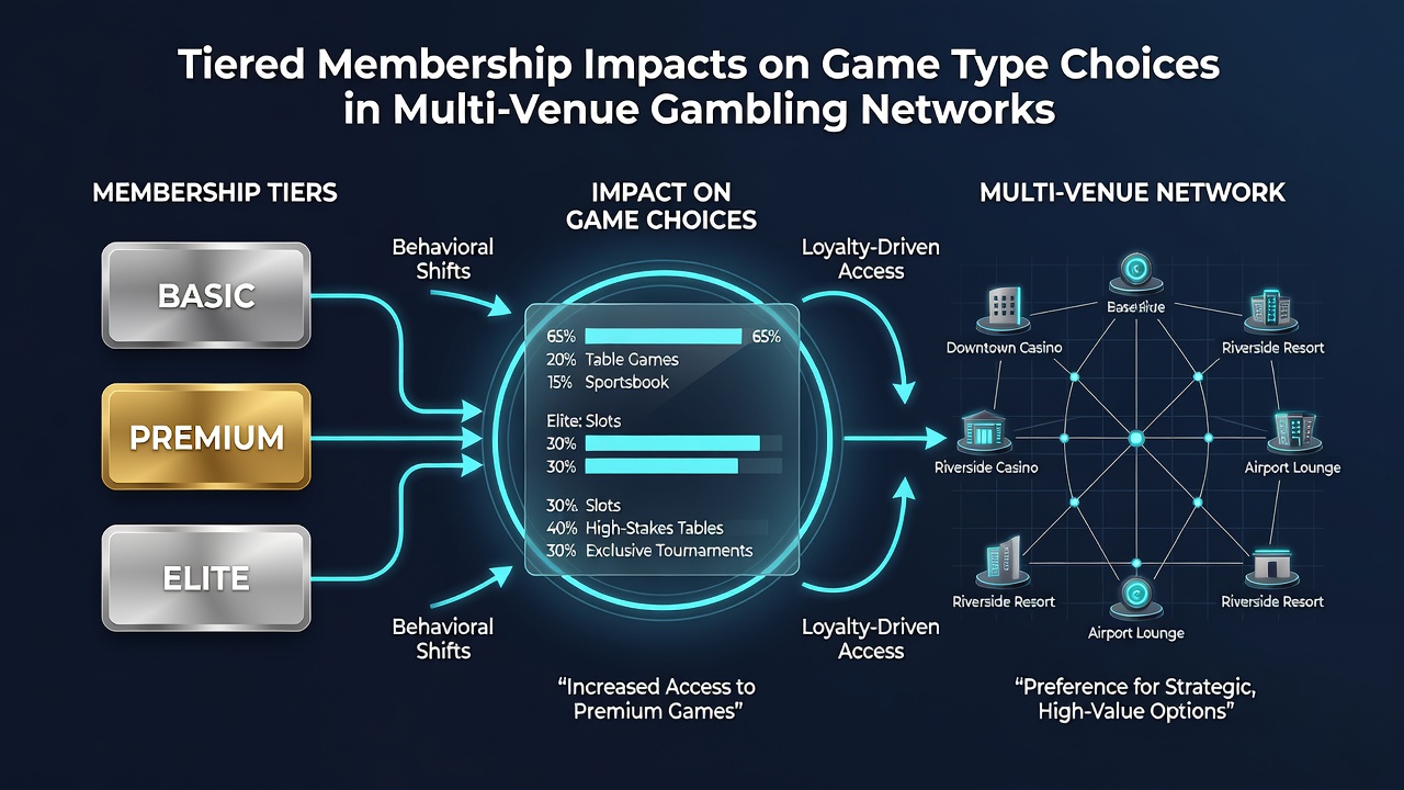 Casino floor layout displaying varied game zones with loyalty tier signage and player pathways