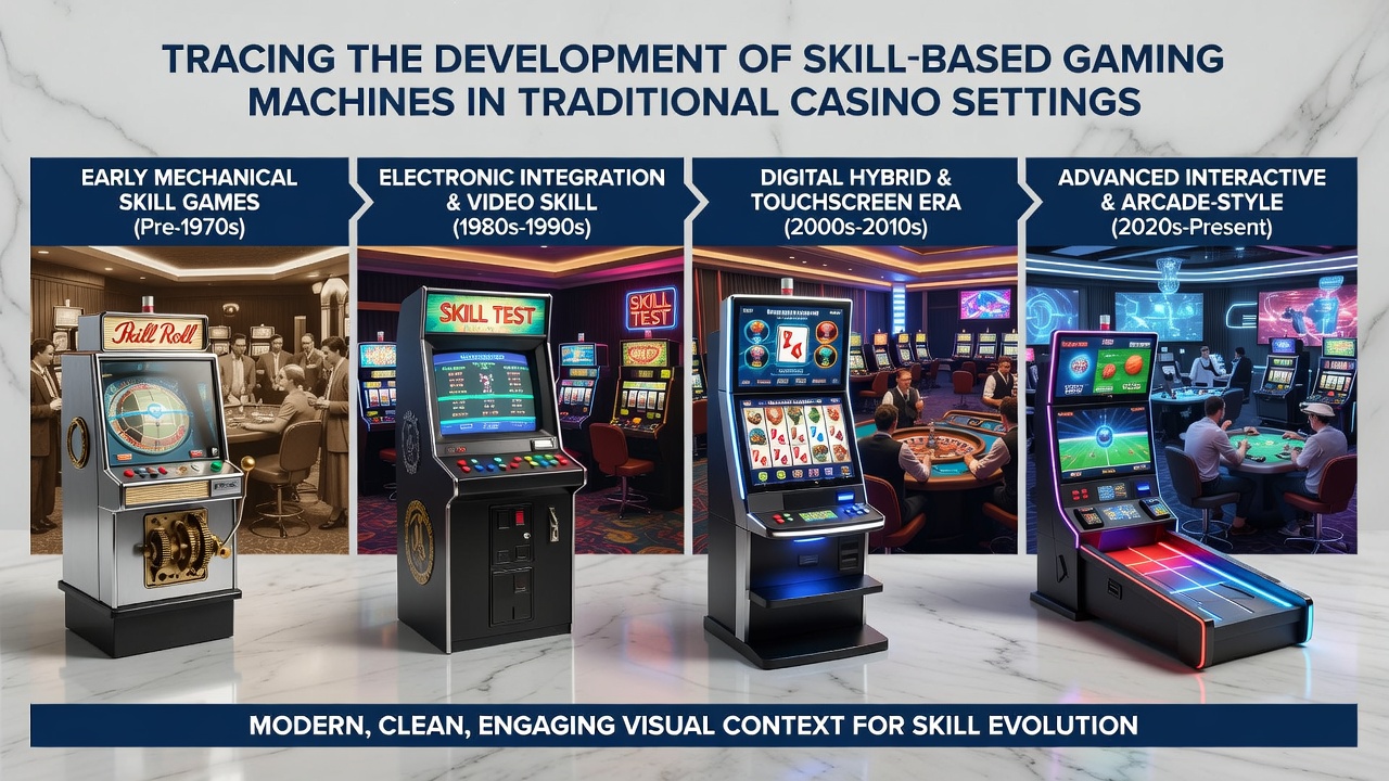 Modern skill-based gaming machines featuring interactive bonus rounds and multi-touch interfaces installed in a contemporary casino environment